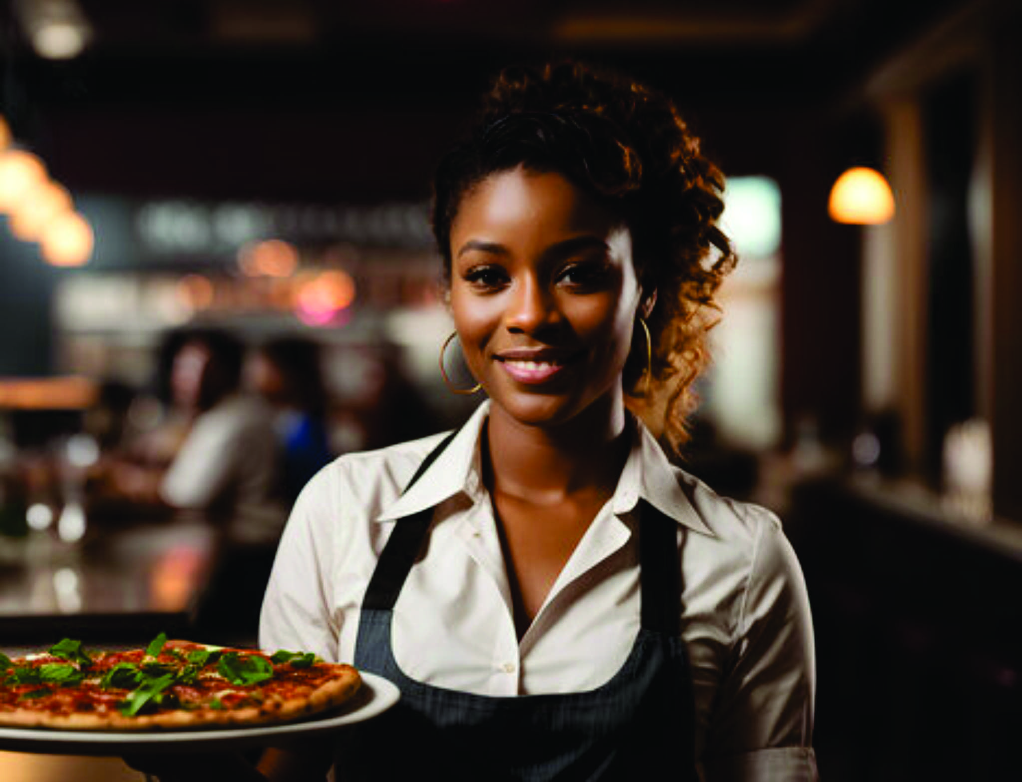 A waitress holding up a tray of food